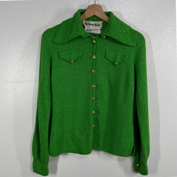 Vintage St John Knit Saks Fifth Ave Women S Green Santana Cardigan‎ Gold Buttons